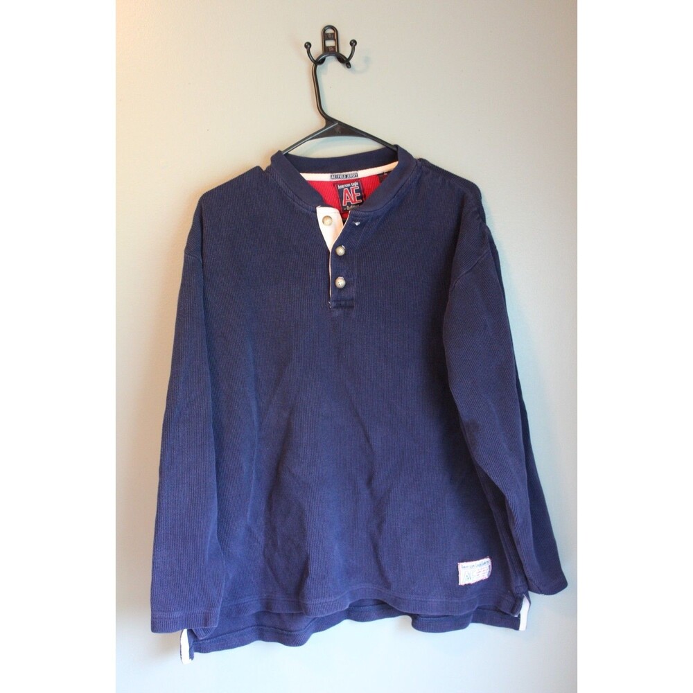 Vintage American Eagle Men’s Henley Shirt Large Navy Blue 100% Cotton Y2K